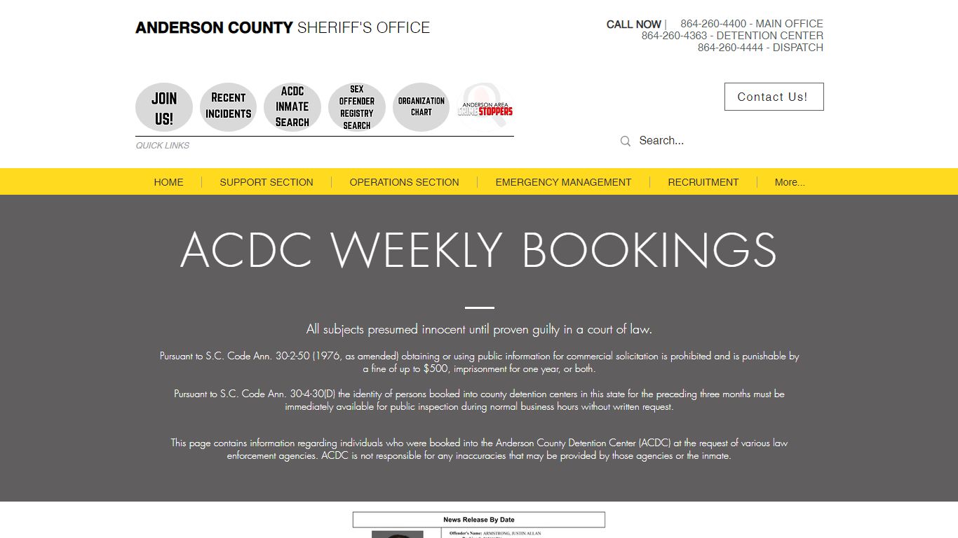 WEEKLY BOOKINGS | Anderson County Sheriff's Office | South Carolina